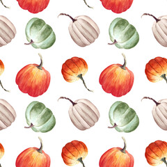 Seamless pattern with pumkins on white background. Watercolor illustration.