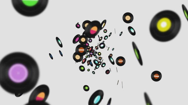 Flying many vinyl records on black background. Old technology. Retro design. 3D animation of music record rotating. Loop animation.