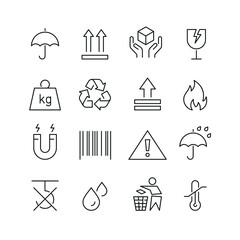 Cardboard box symbols related icons: thin vector icon set, black and white kit