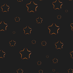 Gold Stars pattern on black background. Repeated backdrop for fashion clothes, t shirt, child, paper. Chaotic abstract seamless ornament with stars. Creative original design.