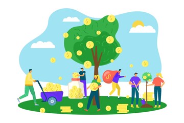 Obraz na płótnie Canvas Money tree with golden coins, financial growth in business, investment concept, vector illustration. Wealth symbol, Tree with money dollars currency instead of leaves. Success in market, ecomony.