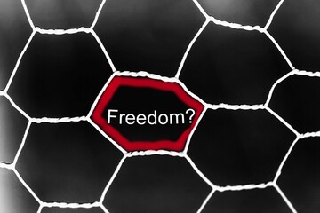 The word freedom in a steel fence. Lies concept. Black shabby background, red accents