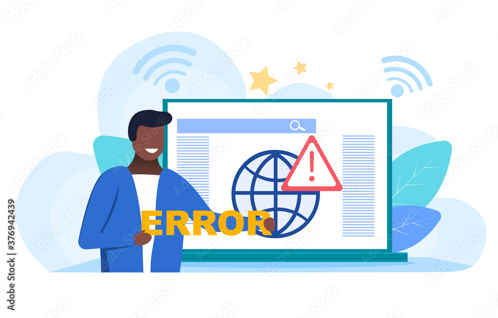 Poster network errors and disconnection concept with a man holding an error label on the background of open