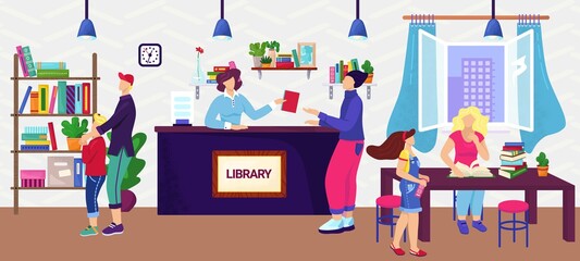 People in library, readers, knowledge concept, vector flat illustration. Adults and children in library among bookshelves reading books. Education and study, learning. Librarian helps to order book.