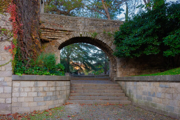 View of one of the entrances to the park of the gardens of the Cathedral of Girona, Catalonia, Spain.