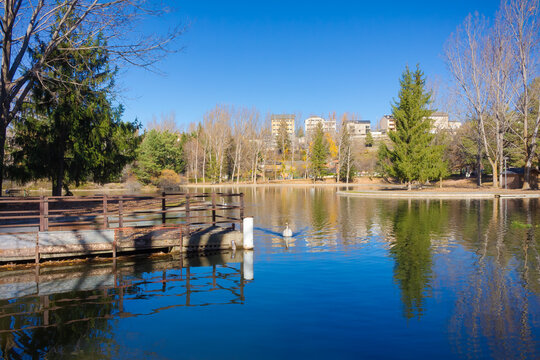 Panoramic view of Lake Osseja on Autumn day where ocher and orange colors invade the scene. Cignes, France