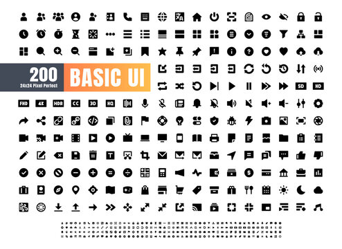 24x24 Pixel Perfect Basic User Interface Essential Set. 200 Solid Glyph Icons. For App, Web, Print.