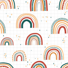 Boho rainbow mid century modern seamless pattern. Vector textile bohemian nursery design
