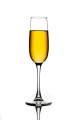 Wine glasses of different shapes with multi-colored drinks on a white background with reflection