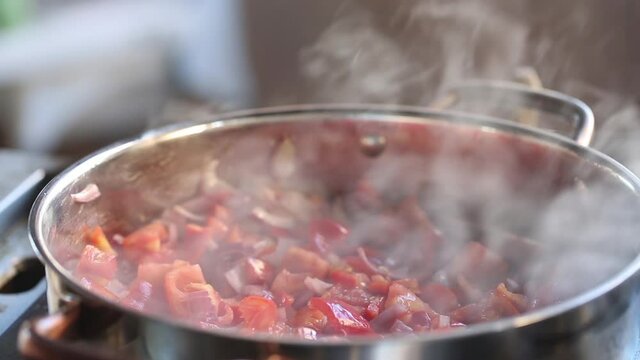 The camera focuses on vegetables being stewed in a stewpan against the backdrop of bright sunlight