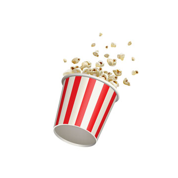 Popcorn splash movie round bucket cup. Realistic vector cinema pop corn paper bowl red white box. Blow up flying pop corn. Oops fall down. Isolated advertisemnt illustration