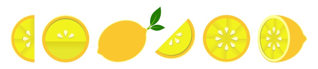 Orange tangerine grapefruit lemon lime on a green background. Vector illustration of summer fruits and citrus. Citrus icons silhouettes pictograms. Tropical fruit. The lemon in parts. Slice of lemon