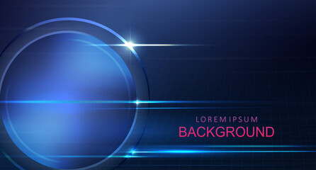 Geometric dark design with blue gradient, light stripes, round frame