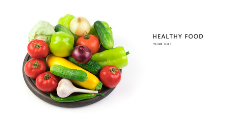 Washed fresh vegetables in a large assortment on a white background with space for copying and an inscription above the vegetables. Food background. The concept of proper nutrition.