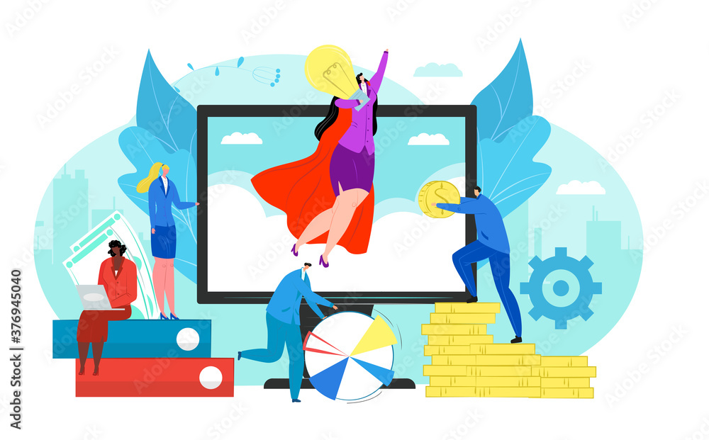 Poster start up concept of new business project vector illustration. start-up in teamwork and managers laun