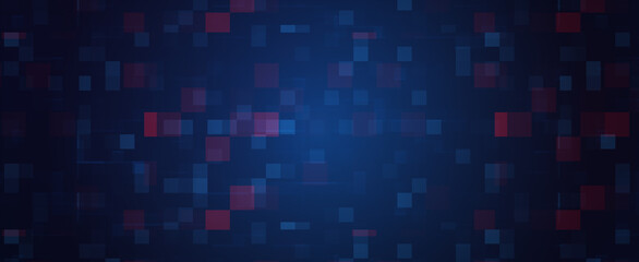 Abstract Digital Futuristic Technology Pixel Panoramic Banner  Background. 3D rendering illustration Dark BLUE backgroud texture in rectangular  pattern with random repeating red blue rectangles.