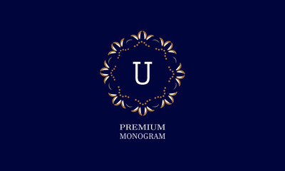 Decorative monogram design with the letter of the alphabet U. Elegant logo of the logo of the restaurant, hotel, business. Can be used for invitations, booklets, postcards.