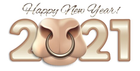 Chinese New Year of the Bull 2021. Christmas illustrations with cow muzzle for posters, banners and greeting cards. Realistic 3D illustration. Vector isolated on white background.