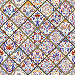 Seamless ceramic tile with colorful patchwork. Vintage multicolor pattern in turkish style. Hand drawn background. Islam, Arabic, Indian, Ottoman motifs