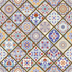 Seamless ceramic tile with colorful patchwork. Vintage multicolor pattern in turkish style. Hand drawn background. Islam, Arabic, Indian, Ottoman motifs