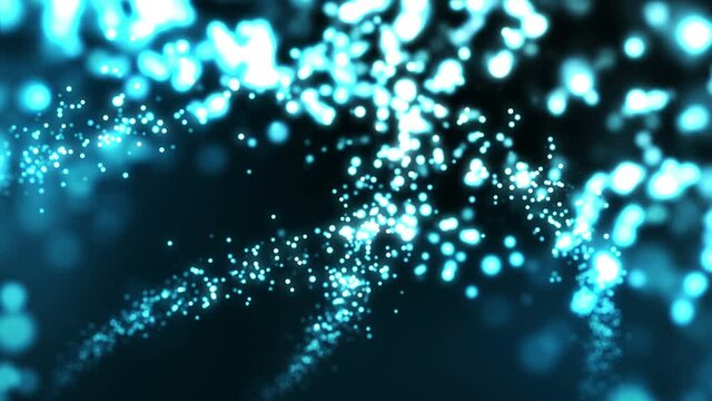 Blue digital wave with particles in motion. Abstract beautiful bokeh lights background with copy space. Technology digital wave concept. Loop animation.