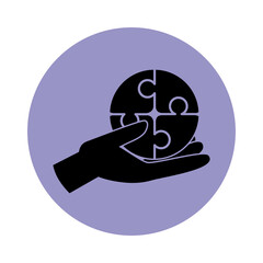 together, hand with pieces puzzles pictogram, block silhouette icon