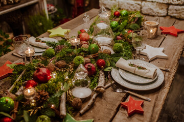 Christmas wooden table setting in rustic style