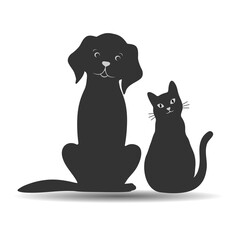 illustration black silhouettes of cute dog and cat on white background