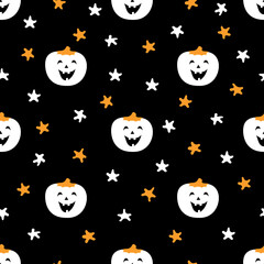 Cute colorful pattern with pumpkin and stars. Vector illustration great for festive background, decoration, cards, wallpaper, digital paper, wrapping paper, prints, fabrics, textile designs, crafts.