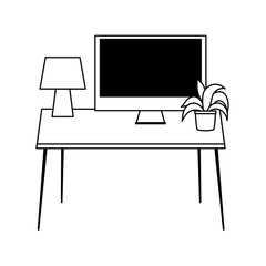 workspace desk lamp computer and plant isolated icon line style