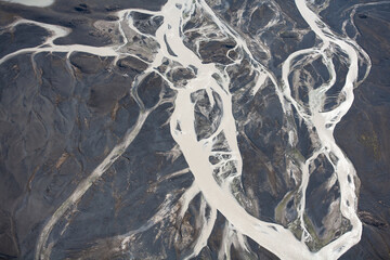 Aerial view of glacier river flow