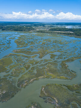 High aerial shot of islands and tidal estuary in South Carolina low country.