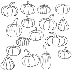 Set of pumpkins of various shapes, doodle vegetable harvest, coloring page on the autumn theme