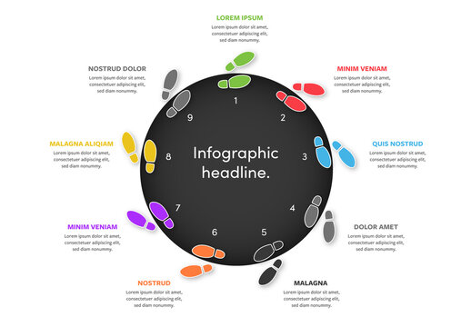 9 Options Infographic Layout with Colored Foot Steps Illustrations