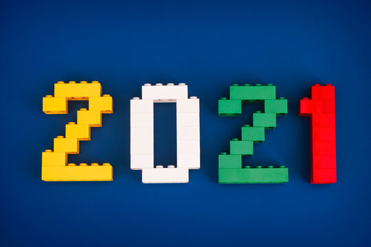 Tambov, Russian Federation - August 26, 2020 Lego numbers 2021 on blue background.