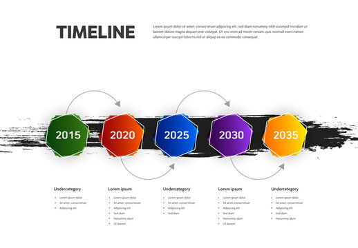 Modern Timeline Layout with Hegaxon Shapes and Arrows