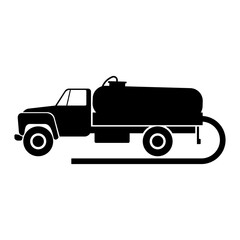 Vacuum cleaner truck icon. Black silhouette. Side view. Vector flat graphic illustration. The isolated object on a white background. Isolate.