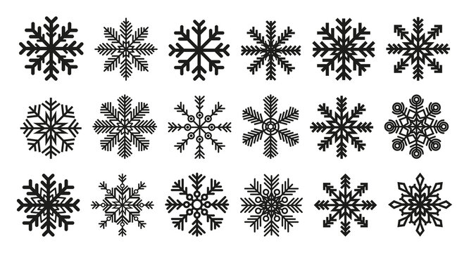 Set of black snowflakes icons. A group of different patterns. Black contour silhouette. Vector flat graphic illustration. The isolated object on a white background. Isolate.