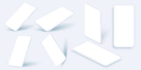 Mobile phone, empty smartphones and modern frameless smartphone. White flat realistic smartphone mock up isolated on white background. Perfect template for presentation your user interface design.