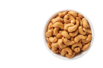The cashews are in a white cup. Placed on a white background. Food photography concept. Top view.