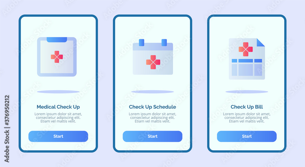 Poster medical icon medical check up schedule bill for mobile apps template banner page ui with three varia