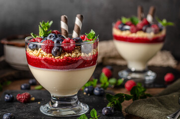 Fresh panna cotta with forest fruits - 376950427