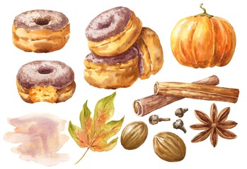 Watercolor pumpkin spice donuts set, fall season watercolour food illustration. 