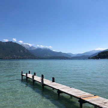 Wooden jetty, Lake Annecy, Annecy, Haute-Savoie, France