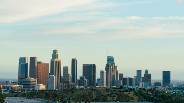  Timelapse day to night shot of downtown Los Angeles skyline from sunset to night time
