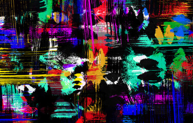 Abstract multicolor dynamic background with creative splashes and shabby brush strokes effect.