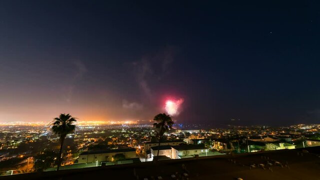  Timelapse of 4th of July firework show over Port of Los Angeles -Wide Shot-
