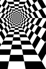 Naklejka premium Abstract Black and White Pattern with Chessboard. Hexagonal Tunnel. Texture of the Corridor in Perspective. Raster. 3D Illustration