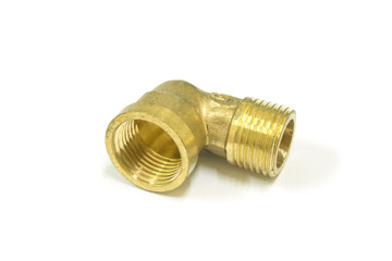 90 Degree brass elbow fitting on white background, Isolated.
