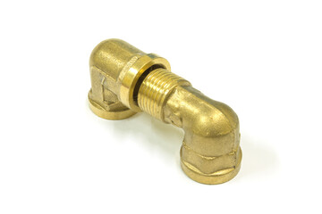 90 Degree brass elbow fitting on white background, Isolated.